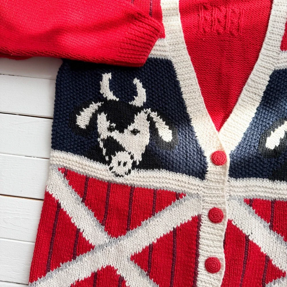 vtg Marisa Christina cow barn hand knit cardigan sweater size S‎